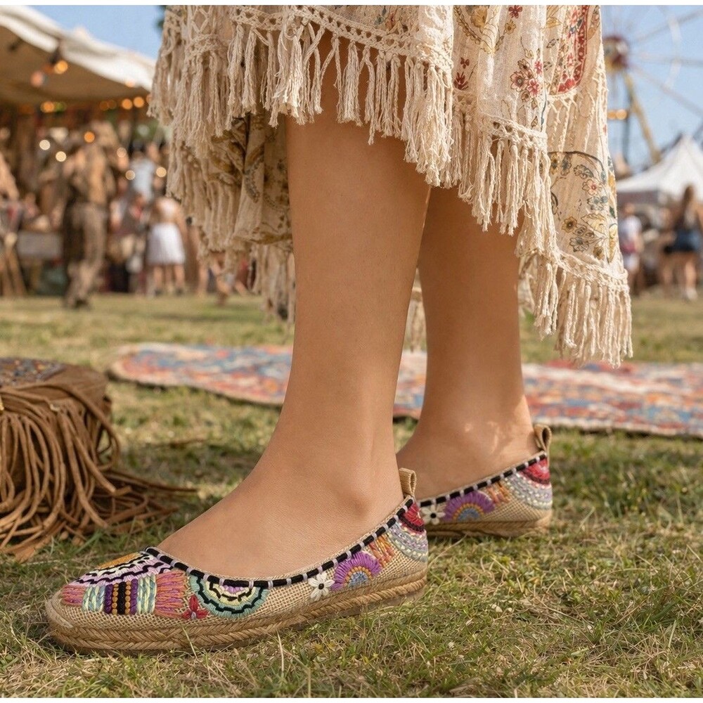 L'autre Chose Festival Boho Espadrille Flats Women 8.5 Embroidered Crochet Shoes